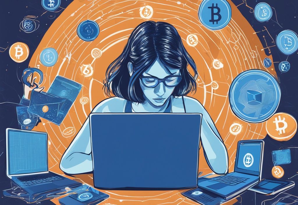 Moderne digitale Illustration einer Benutzerin, die in die Nutzung der CoinEx-Plattform auf ihrem Laptop vertieft ist, mit schwebenden Bitcoin- und anderen Kryptowährungssymbolen, Hauptfarbthema Blau.