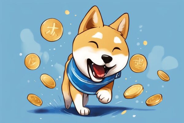 Spielen Sie mit Playdoge Coin: Die aufstrebende Kryptowährung entdecken Spielerischer Shiba Inu Hund mit Playdoge Coin im Maul, digitales modernes Kunstwerk in Blau.