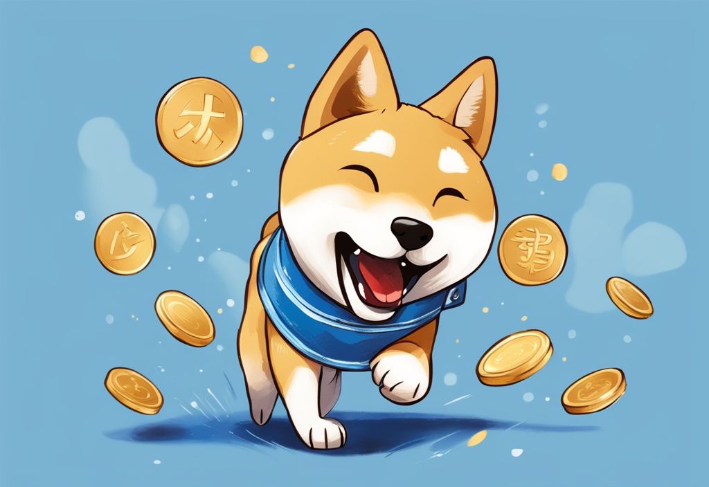 Spielerischer Shiba Inu Hund mit Playdoge Coin im Maul, digitales modernes Kunstwerk in Blau.