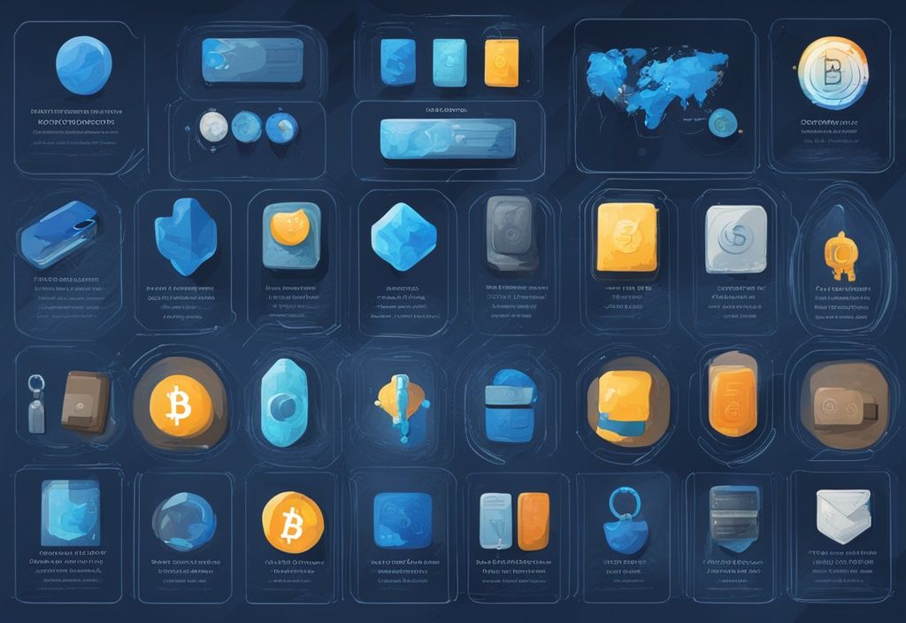 Moderne digitale Malerei Illustration mit blauem Farbschema, mehrere Krypto Wallets in einer Reihe mit Hauptmerkmalen und Vergleichen in Infografikform, Krypto Wallet Vergleich.