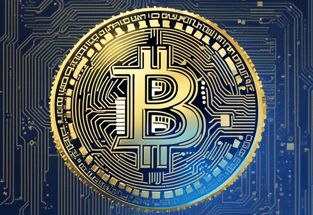 Moderne digitale Malerei mit blauem Farbschema, goldene Bitcoin-Münze mit "Native SegWit" Schriftzug vor komplexem digitalen Blockchain-Hintergrund