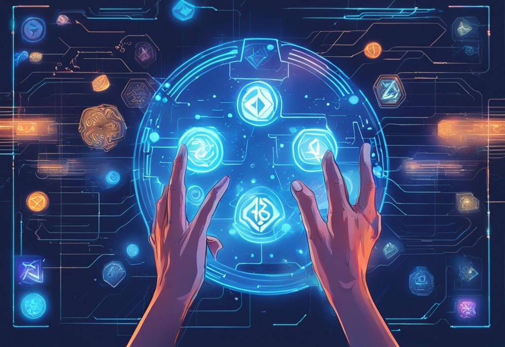 Futuristische Hände interagieren mit einer holografischen Gaming-Oberfläche, die verschiedene Kryptowährungssymbole und Grafiken zeigt - Crypto Gaming.