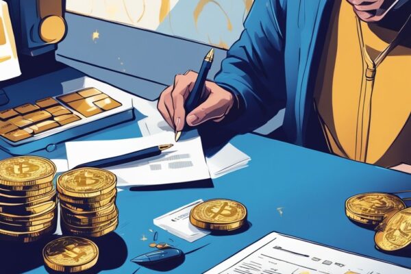 Moderne digitale Illustration in Blau mit einer Person, die ein Steuerformular ausfüllt; auf dem Schreibtisch sind ein Taschenrechner, ein Stift, Papiere und glänzende goldene Kryptowährungsmünzen zu sehen - wann muss ich Krypto in der Steuererklärung angeben.