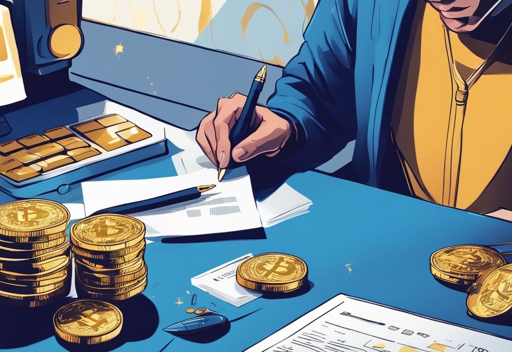 Moderne digitale Illustration in Blau mit einer Person, die ein Steuerformular ausfüllt; auf dem Schreibtisch sind ein Taschenrechner, ein Stift, Papiere und glänzende goldene Kryptowährungsmünzen zu sehen - wann muss ich Krypto in der Steuererklärung angeben.