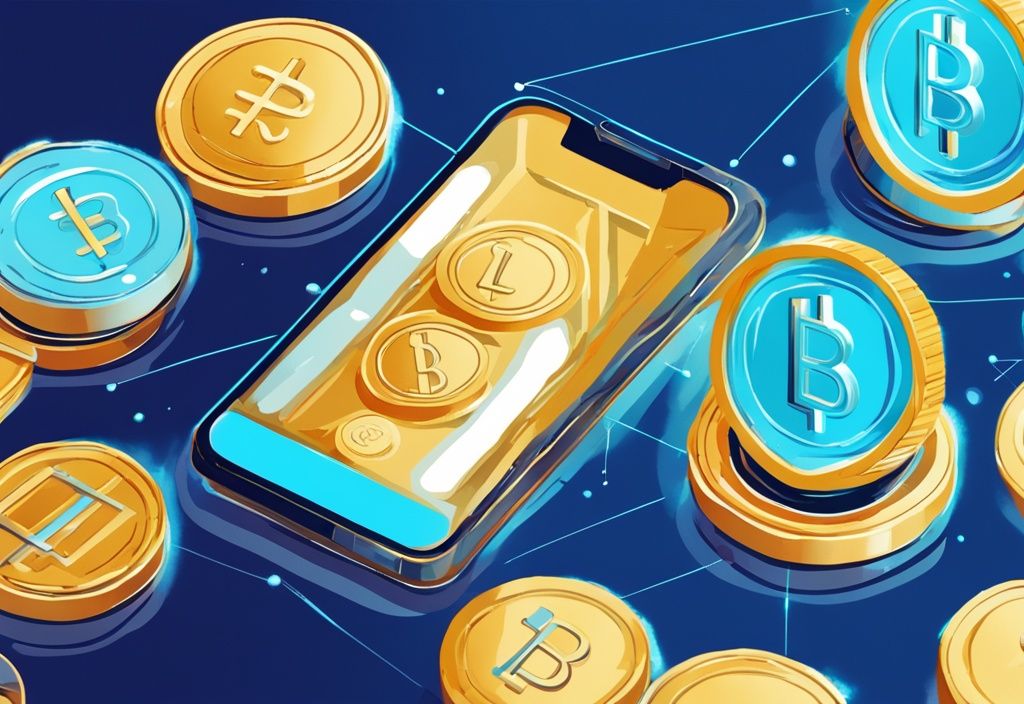 Moderne digitale Malerei mit blauem Farbschema, die digitale Münzen zeigt, die von einer Blockchain-Plattform auf ein traditionelles Bankkonto übergehen, Konzept der Blockchain Auszahlung Bankkonto.