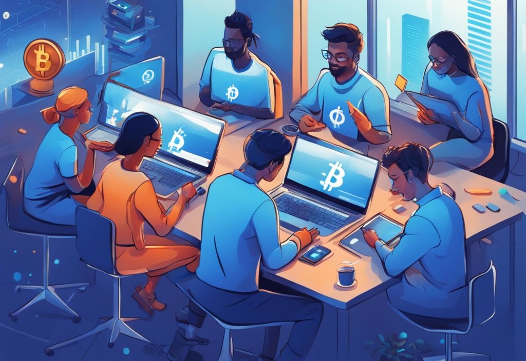 Moderne digitale Illustration mit blauem Farbschema, diverse Gruppe von Menschen erhält Echtzeit-Updates zu ihren Kryptowährungsinvestitionen und -geschäften auf Mobilgeräten und Laptops.