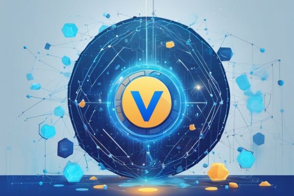 Moderne digitale Illustration von VeChain Coin, umgeben von Netzwerkknoten und digitalen Elementen, vermittelt das Konzept von Blockchain und Kryptowährung, Hauptfarbthema Blau.