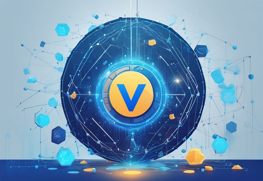 Moderne digitale Illustration von VeChain Coin, umgeben von Netzwerkknoten und digitalen Elementen, vermittelt das Konzept von Blockchain und Kryptowährung, Hauptfarbthema Blau.