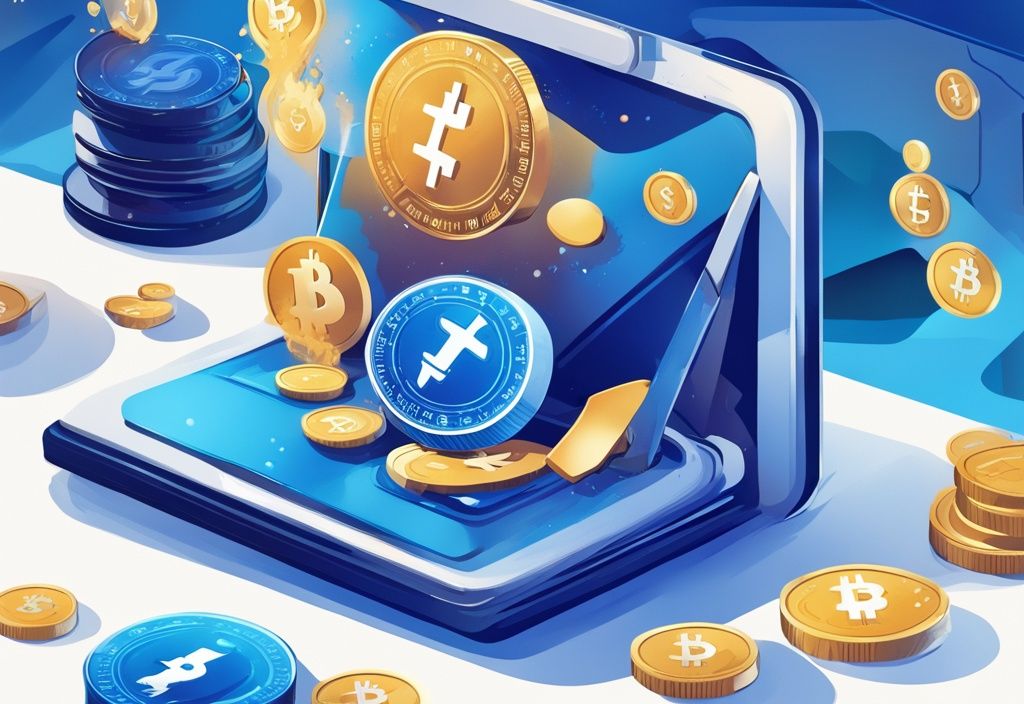 Hochmoderne digitale Illustration eines sicheren futuristischen digitalen Wallets, das verschiedene Kryptowährungen enthält, mit blauem Farbschema.