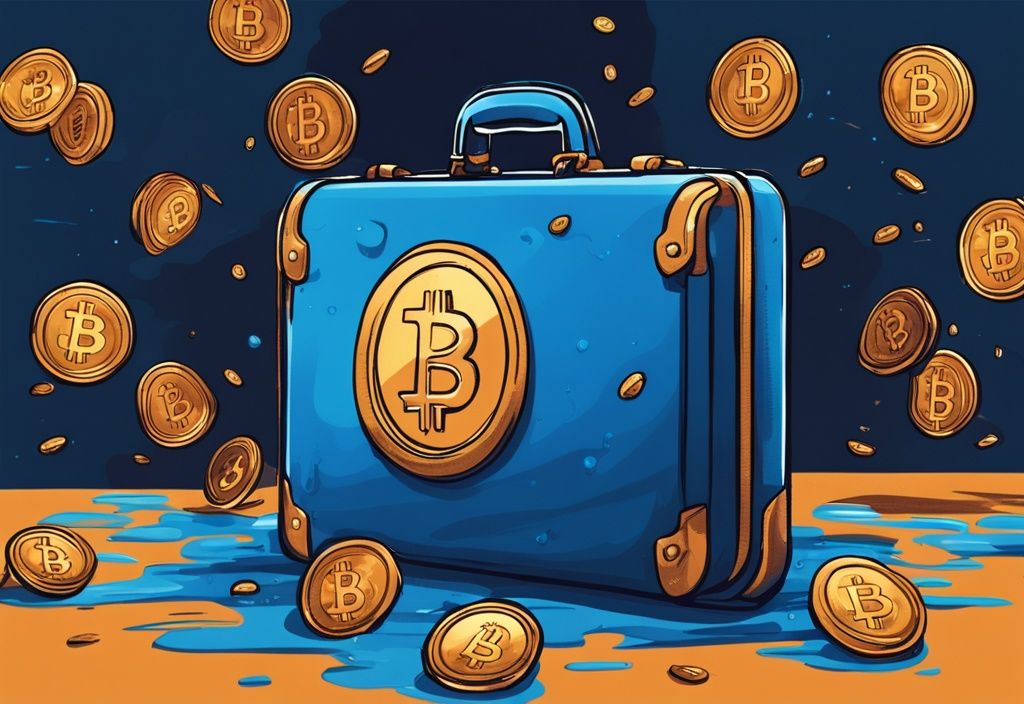 Moderne digitale Malerei mit blauem Farbschema, Bitcoins regnen in einen offenen Aktenkoffer, während im Hintergrund eine schattenhafte Gestalt unbemerkt verschwindet.