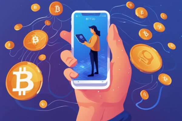 Moderne digitale Malerei, Person sendet Kryptowährung über die Bitvavo Plattform auf mobilem Gerät, Hauptfarbe Blau, Bitvavo Krypto senden.