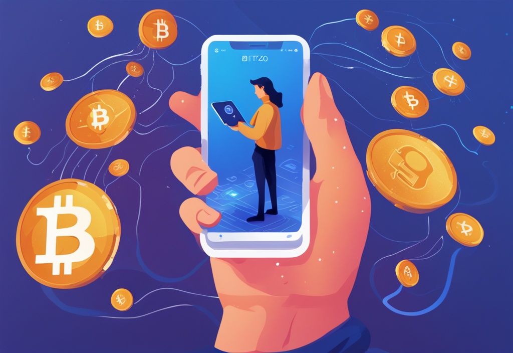Moderne digitale Malerei, Person sendet Kryptowährung über die Bitvavo Plattform auf mobilem Gerät, Hauptfarbe Blau, Bitvavo Krypto senden.