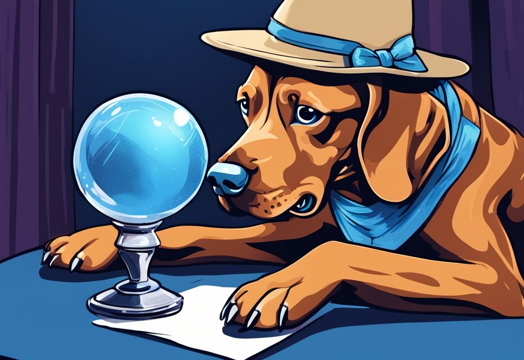 Cartoon-Hund mit großem Hut, der in eine Kristallkugel schaut, digitale Illustration, blaue Farbthemen