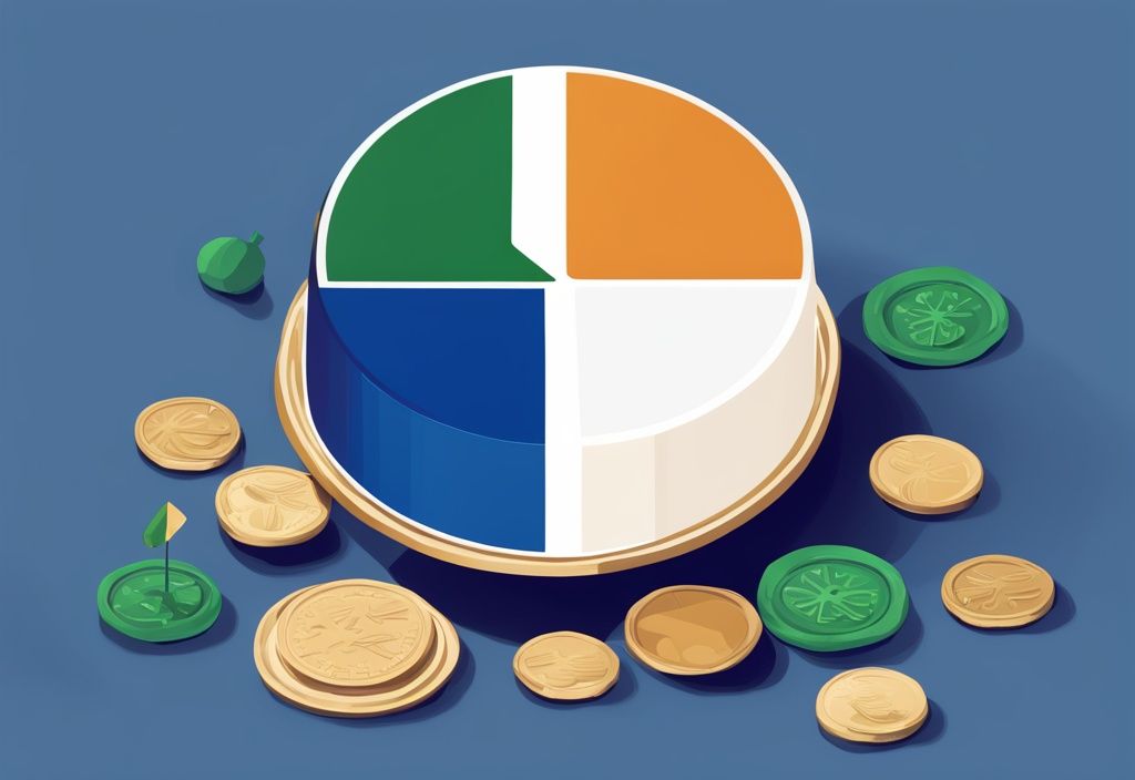 Moderne digitale Illustration in Blau mit Münzstapel und irischer Flagge, neben einem Kreisdiagramm zu Steuersegmenten in Irland, Kapitalertragsteuer Irland.