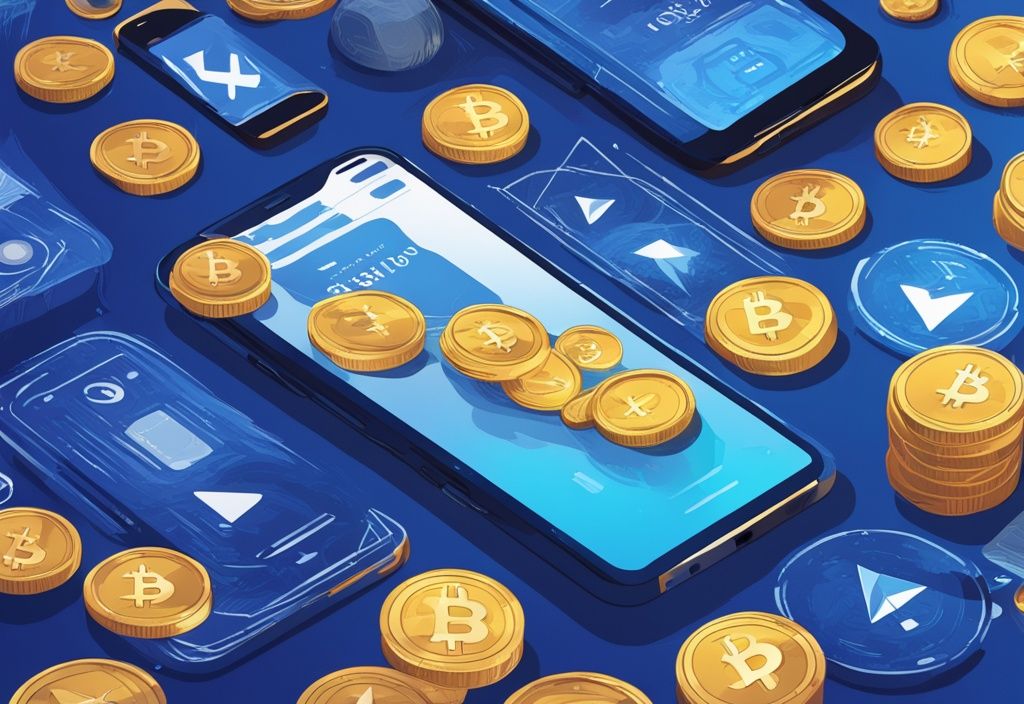 Moderne digitale Illustration eines Exodus Wallets auf einem Smartphone-Bildschirm, umgeben von Bitcoin, Ethereum und Litecoin, Hauptfarbe Blau.