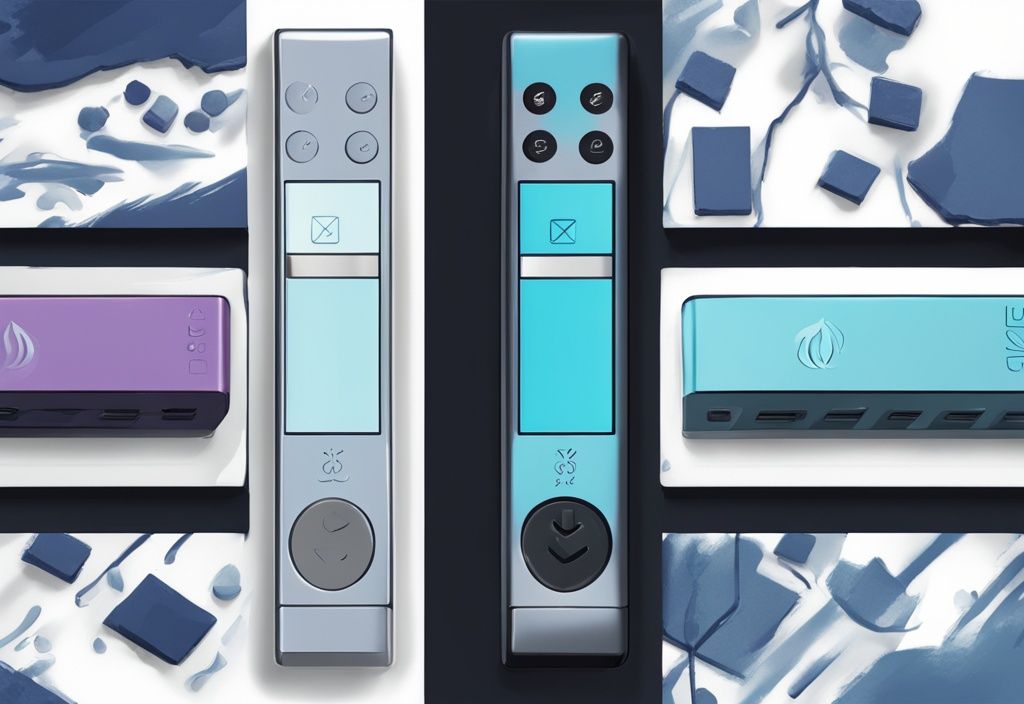 Modernes digitales Gemälde mit blauem Farbschema, das den Unterschied Ledger Nano S und X im Design und in den Funktionen vergleicht.
