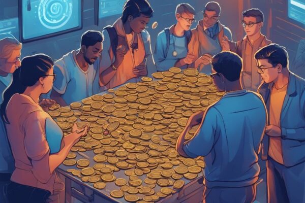 Moderne digitale Malerei mit einer Gruppe vielfältiger Menschen, die verschiedene Münzen mit CoinEx-Logo untersuchen, CoinEx Erfahrungen widerspiegelnd.