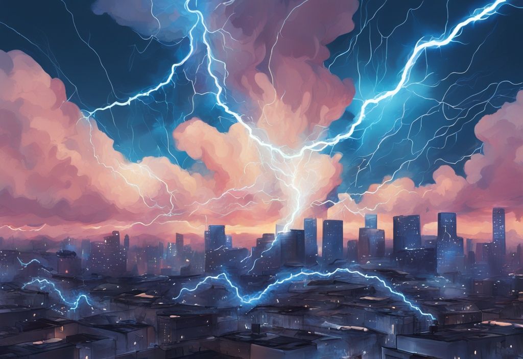 Modernes digitales Gemälde einer Stadt mit blauem Farbschema, das ein lebhaftes Lightning Netzwerk aus verschlungenen Blitzen zeigt, die von einer Wolke ausgehen.