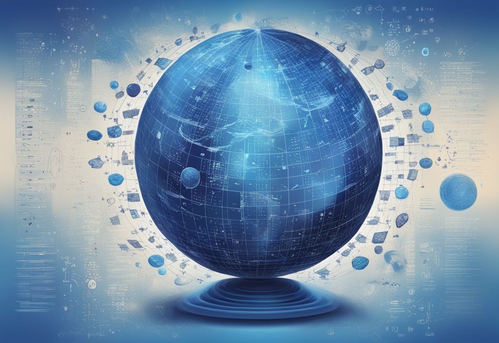 Modernes digitales Gemälde mit blauer Farbgebung, das mathematische Formeln, Computercodes und Krypto-Symbole zu einem Globus verbindet, der die Vernetzung von Quant Krypto symbolisiert.