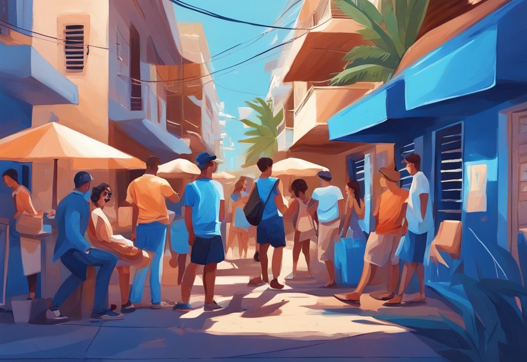 Digitale Illustration einer lebhaften Szene in Puerto Rico mit Menschen, die Kryptowährungstransaktionen durchführen, und dem Konzept niedriger oder null Krypto-Steuern, Hauptfarbthema Blau