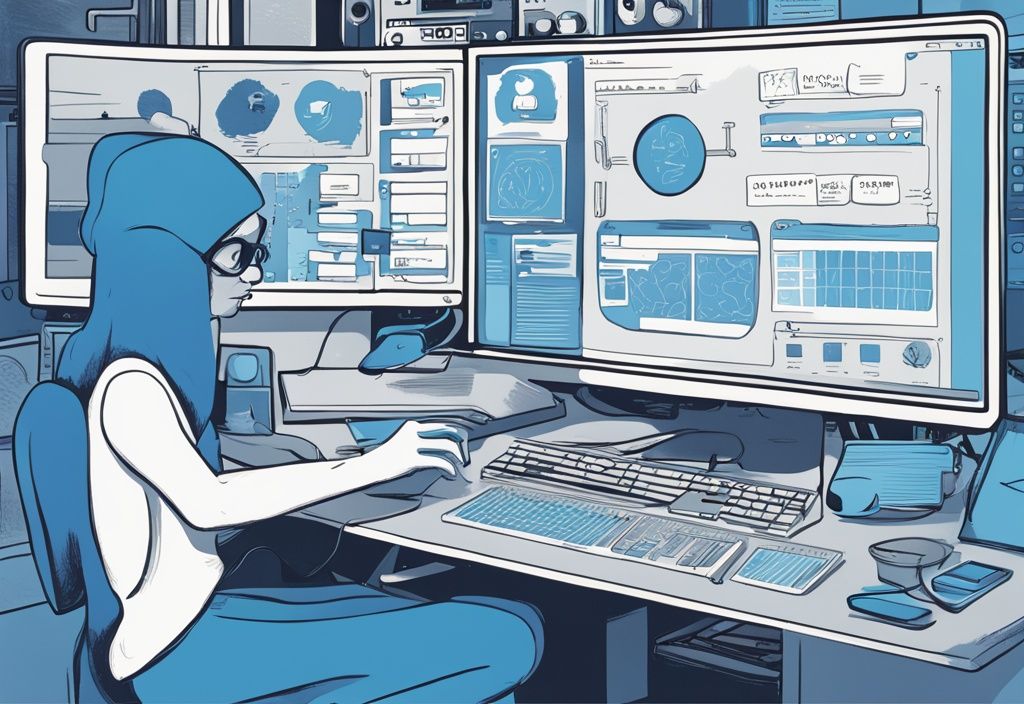 Moderne digitale Malerei mit blauem Farbschema, die den Nerdminer Anleitung auf einem Computerbildschirm zeigt, mit klaren Markierungen zu den verschiedenen Funktionen und Merkmalen.