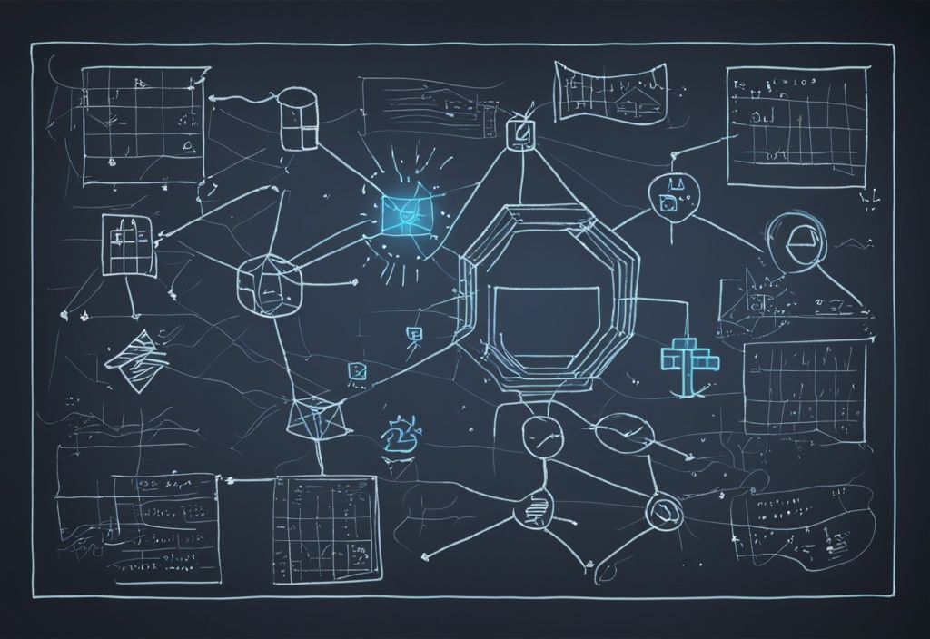 Moderne digitale Malerei mit blauem Farbschema, die eine einfache Erklärung der Blockchain auf einer Tafel mit Skizzen und mathematischen Symbolen zeigt, Blockchain einfach erklärt.