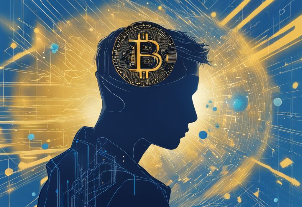 Moderne digitale Illustration mit blauem Farbschema, zeigt eine silhouettierte Person, ein goldenes Bitcoin und digitale Elemente des BRC 20 Blockchain-Netzwerks im Hintergrund.
