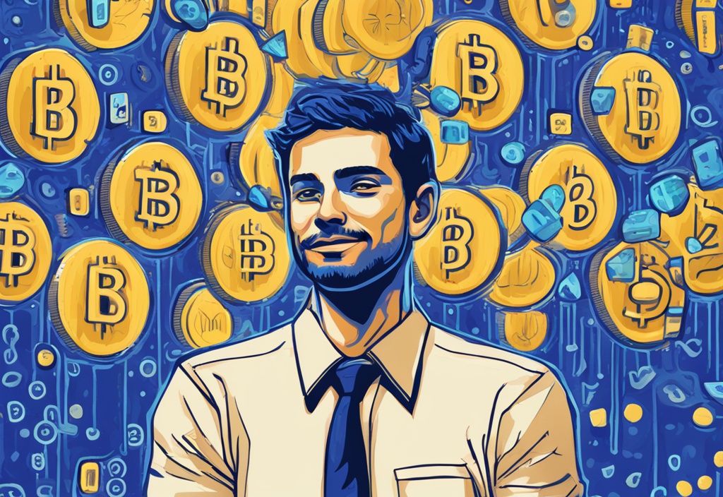 Moderne digitale Illustration einer Person mit blauem Farbschema, umgeben von Kryptowährungszahlen, die ihren Erfolg als Krypto-Millionär feiern