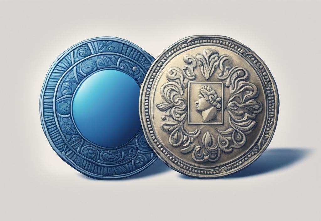 Moderne digitale Malerei mit einem antiken Münze und einem digitalen Token auf weißem Hintergrund