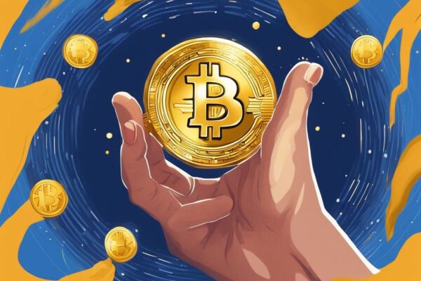 Hand überreicht goldenen Bitcoin, Bitcoin verschenken, digitale Illustration, blaue Farbtöne