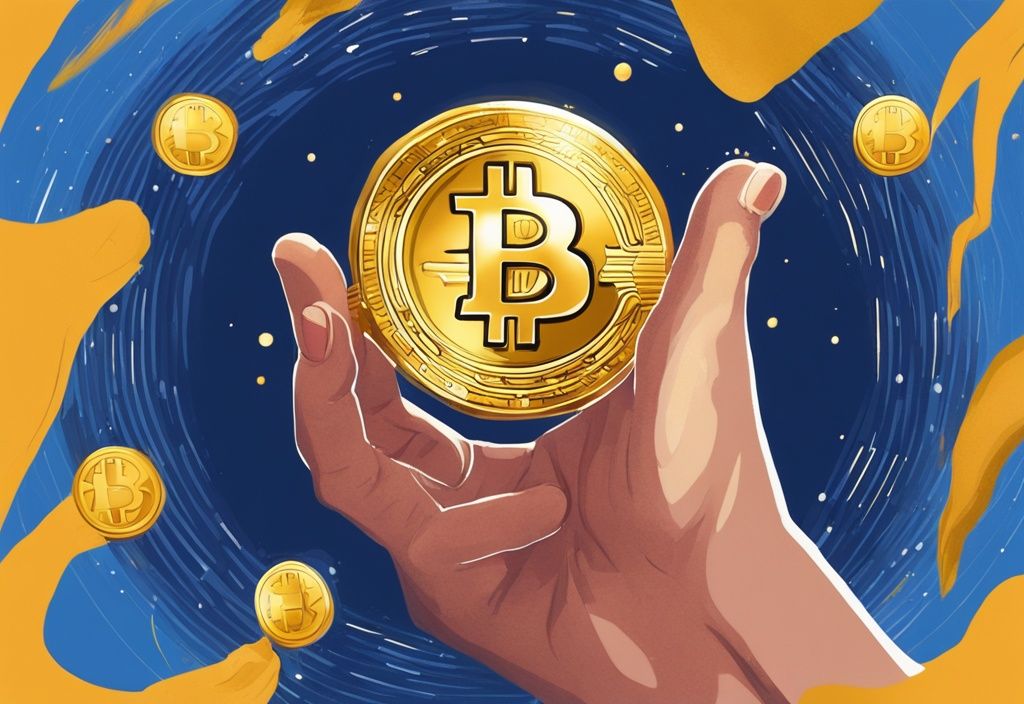 Hand überreicht goldenen Bitcoin, Bitcoin verschenken, digitale Illustration, blaue Farbtöne