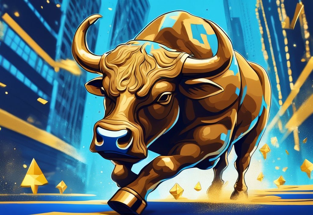 Moderne digitale Malerei eines triumphierenden Bullen auf einer Straße aus goldenen Kryptowährungsmünzen, umgeben von digitalen Charts, die den Krypto-Bullrun 2024 signalisieren.