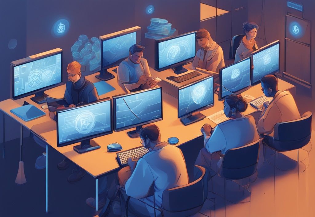 Moderne digitale Malerei mit blauem Farbschema, diverse Personen am Tisch mit Computern, die sich mit Kryptowährungs-Staking beschäftigen, was ist Staking