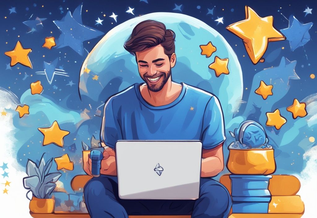 Zufriedener Benutzer überprüft Bitcoin-Guthaben auf BTC Direct Plattform auf Laptop, umgeben von positiven Kundenbewertungssternen, moderne digitale Malerei, Hauptfarbe Blau.