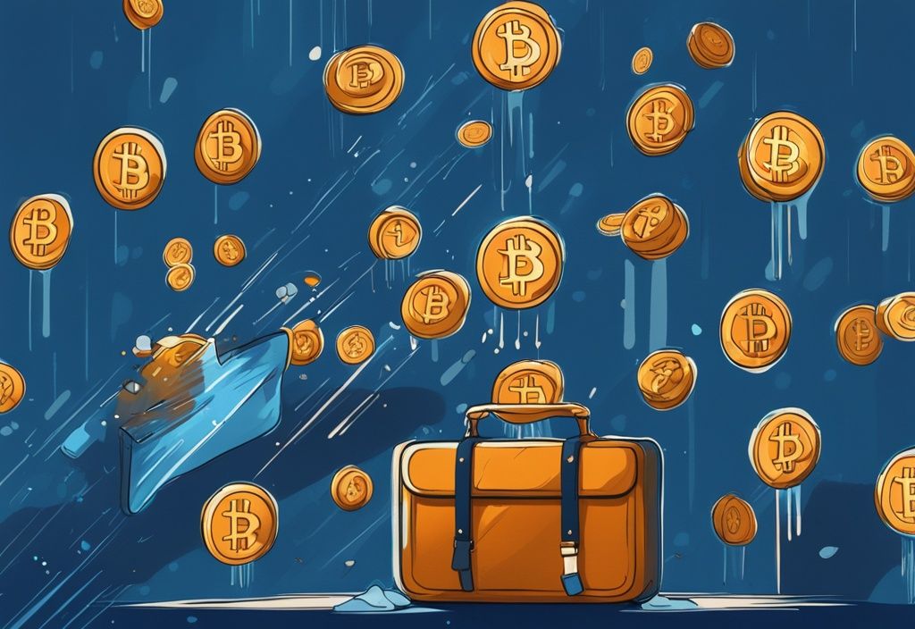 Moderne digitale Malerei mit blauem Farbschema, Bitcoins regnen in einen offenen Aktenkoffer, im Hintergrund schleicht eine schattenhafte Gestalt davon