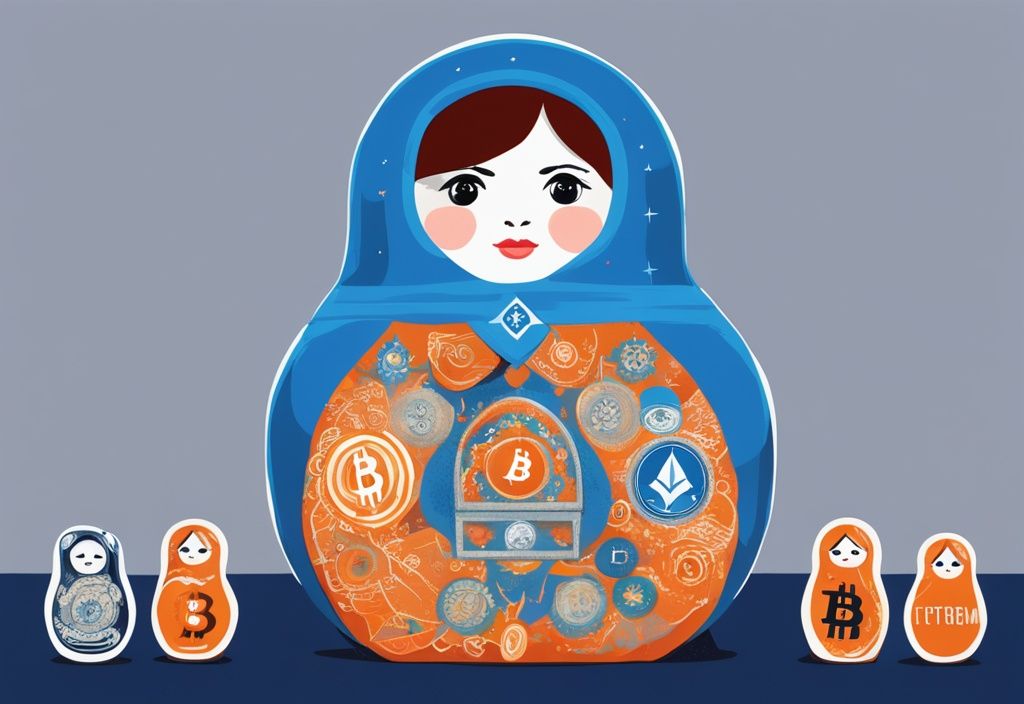 Moderne digitale Illustration einer blauen Matroschka-Puppe, die Kryptowährungssymbole wie Bitcoin und Ethereum enthüllt.