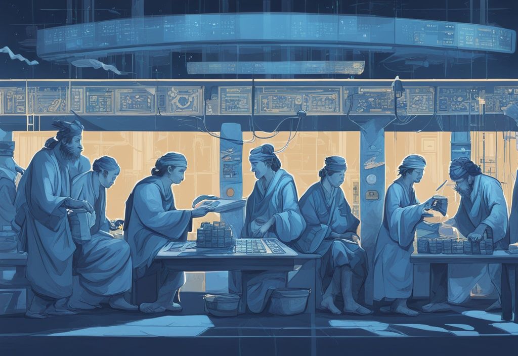 Zeitleiste der Handelsentwicklung von Tauschhandel bis Online-Handel, moderne digitale Illustration in Blau.