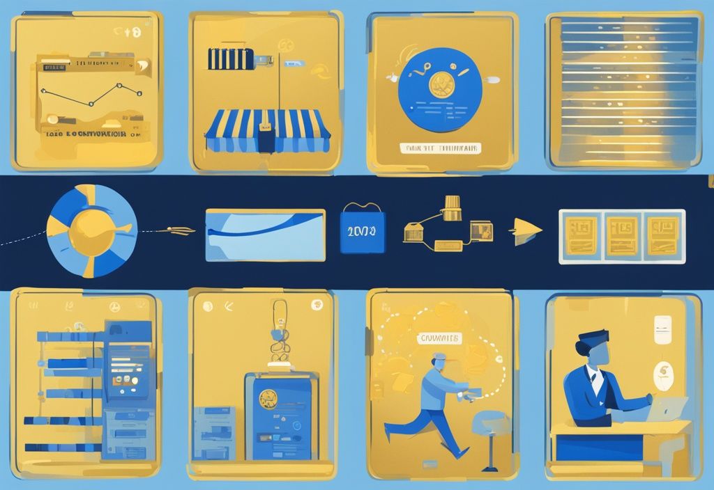 Moderne digitale Malerei, die die Entwicklung des Handels von Tauschgeschäften über den Goldstandard bis hin zu heutigen Online-Handelsplattformen darstellt, ab wann ist Trading gewerblich.