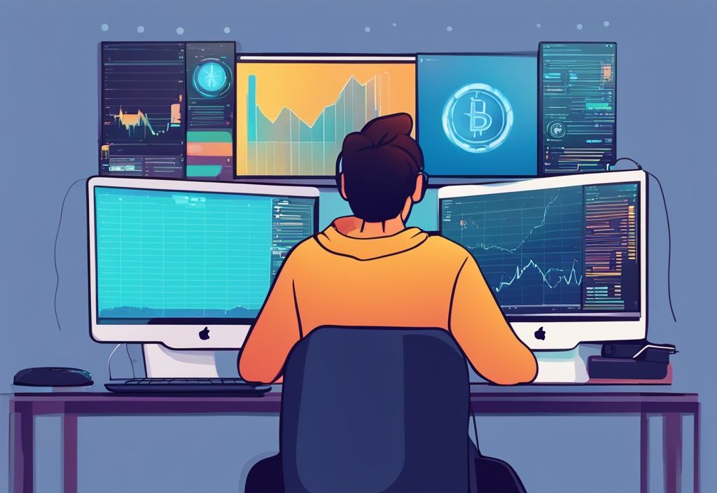 Moderne digitale Illustration: Person am Computer, studiert bunte Kryptowährung-Grafiken und einen Anfängerleitfaden zum Kryptowährung investieren für Anfänger.