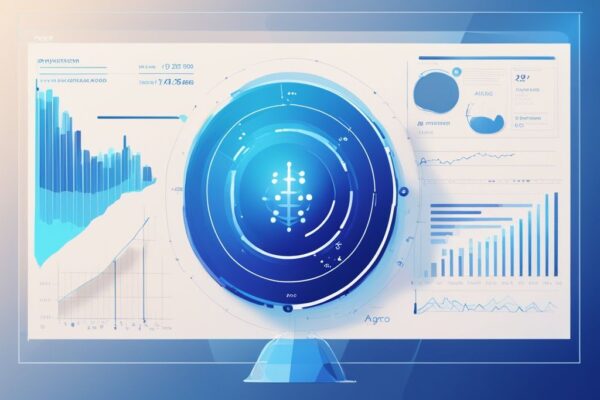 Argo Blockchain Prognose: Erfahren Sie die Zukunft der Kryptotechnologie Moderne digitale Malerei mit blauem Farbschema, futuristisches Display zeigt Grafiken und Trends zur Argo Blockchain Prognose.