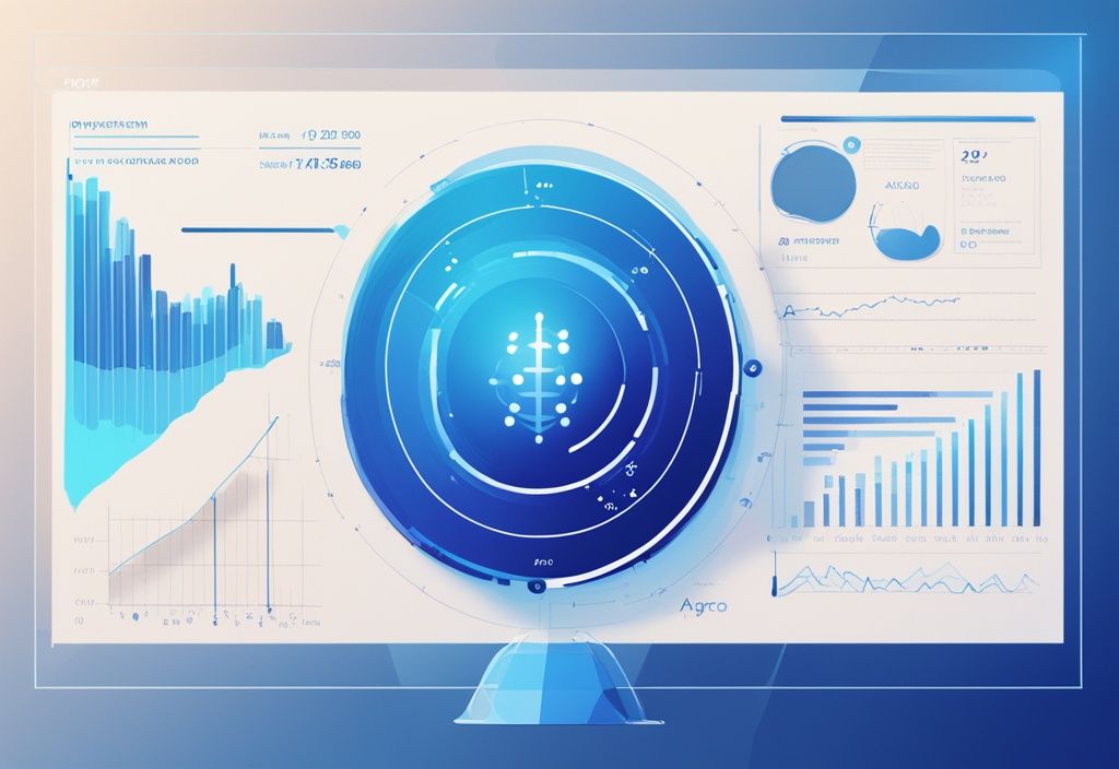 Moderne digitale Malerei mit blauem Farbschema, futuristisches Display zeigt Grafiken und Trends zur Argo Blockchain Prognose.