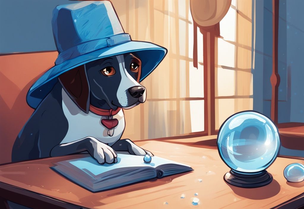 Cartoon-Hund mit übergroßem Hut, der an einem Tisch sitzt und in eine Kristallkugel schaut, moderne digitale Illustration in Blau.