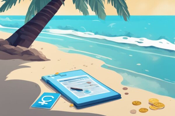 Moderne digitale Malerei der Bahamas-Strände mit Krypto-Münzen und Steuerformularen im Sand unter einer Palme – Bahamas Krypto Steuern.