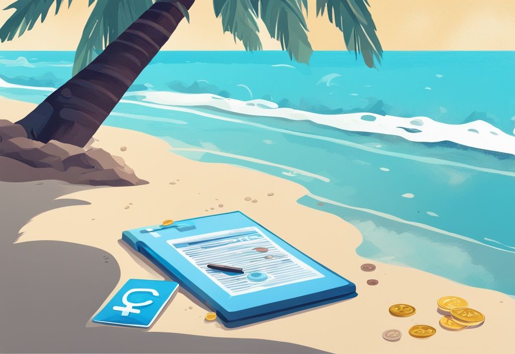 Moderne digitale Malerei der Bahamas-Strände mit Krypto-Münzen und Steuerformularen im Sand unter einer Palme – Bahamas Krypto Steuern.