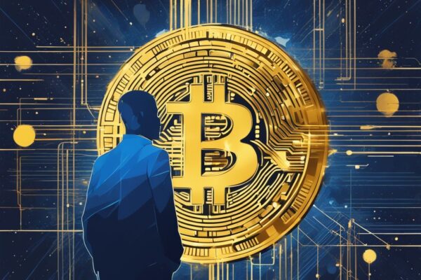 Moderne digitale Illustration mit blauem Farbschema, die eine silhouettierte Person, einen goldenen Bitcoin und digitale Elemente des BRC 20 Blockchain-Netzwerks zeigt.