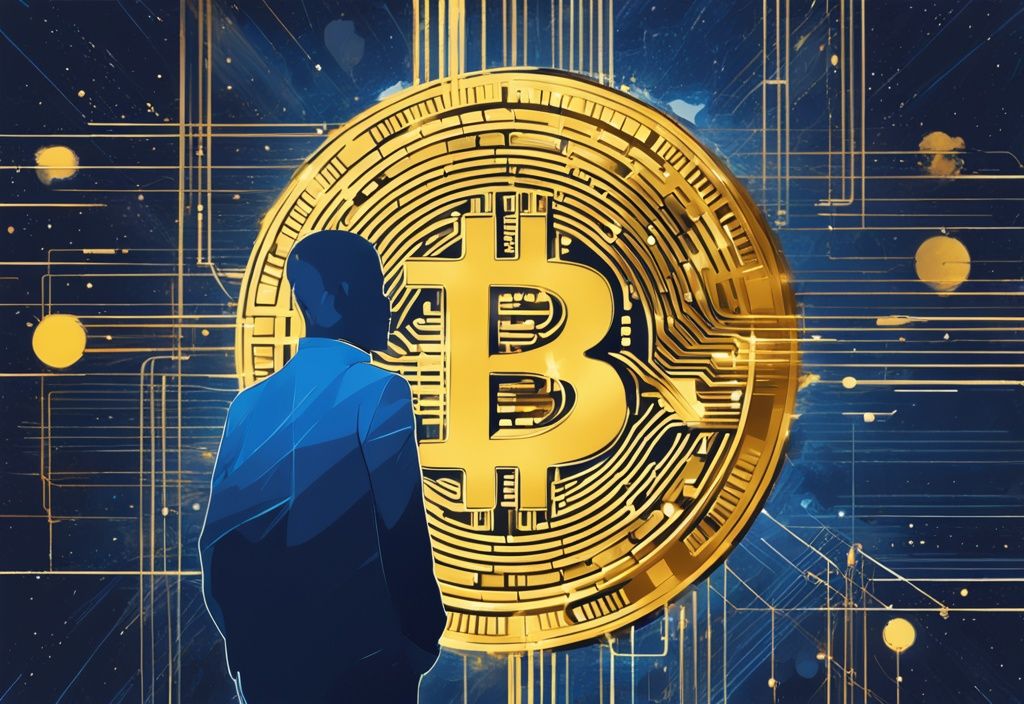 Moderne digitale Illustration mit blauem Farbschema, die eine silhouettierte Person, einen goldenen Bitcoin und digitale Elemente des BRC 20 Blockchain-Netzwerks zeigt.