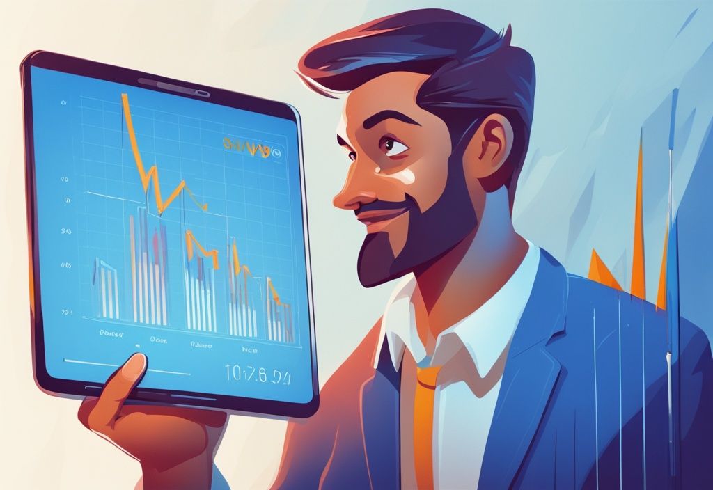 Moderner digitaler Gemäldeillustration eines selbstbewussten und zufriedenen Investors, der das Wachstum seines Bitvavo Sparplans auf einem digitalen Gerät beobachtet.
