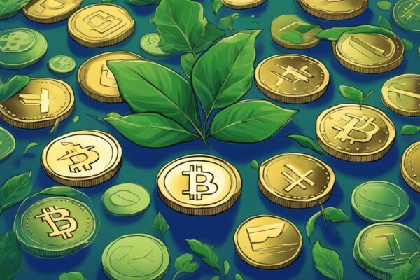 Moderne digitale Malerei mit blauen Farbtönen, die Shitcoins mit Potenzial zeigt, dargestellt durch Münzen mit Kryptowährungslogos und grünen Blättern.
