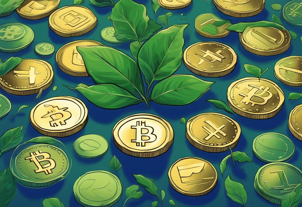 Moderne digitale Malerei mit blauen Farbtönen, die Shitcoins mit Potenzial zeigt, dargestellt durch Münzen mit Kryptowährungslogos und grünen Blättern.