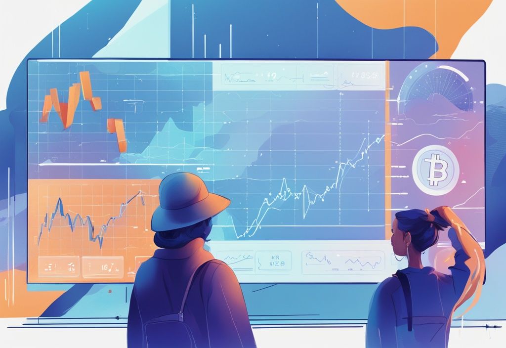 Moderne digitale Illustration mit blauem Farbschema, diverse Gruppe von Menschen analysiert die Liniengrafiken von Krypto oder Aktienpreisen auf einem großen futuristischen digitalen Bildschirm.